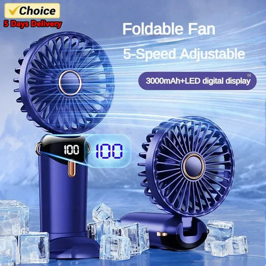 Mini Foldable Handheld Fan – 5 Speeds, USB Rechargeable, Mobile Phone Holder and Digital Display