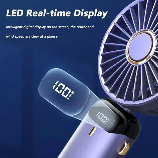 Mini Foldable Handheld Fan – 5 Speeds, USB Rechargeable, Mobile Phone Holder and Digital Display