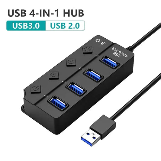 USB 3.0 Hub 4 Ports with Individual Switches – High Speed ​​Multiport Adapter with 30cm Cable for PC, Mac, Laptop and More