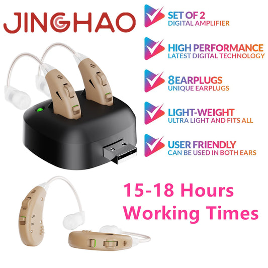 JINGHAO Rechargeable Hearing Aids – BTE Sound Amplifier for Seniors, Set of 2, Digital Technology and Comfortable Design