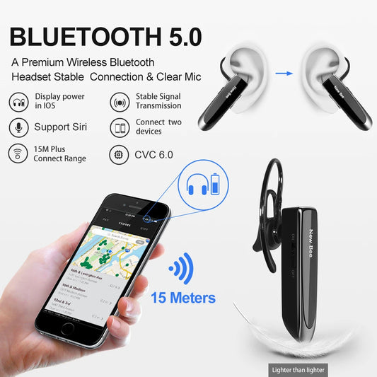 Bluetooth V5.0 Headset with Microphone – Hands-Free for 24-Hour Calls | New Bee Wireless for Business, iOS &amp; Android